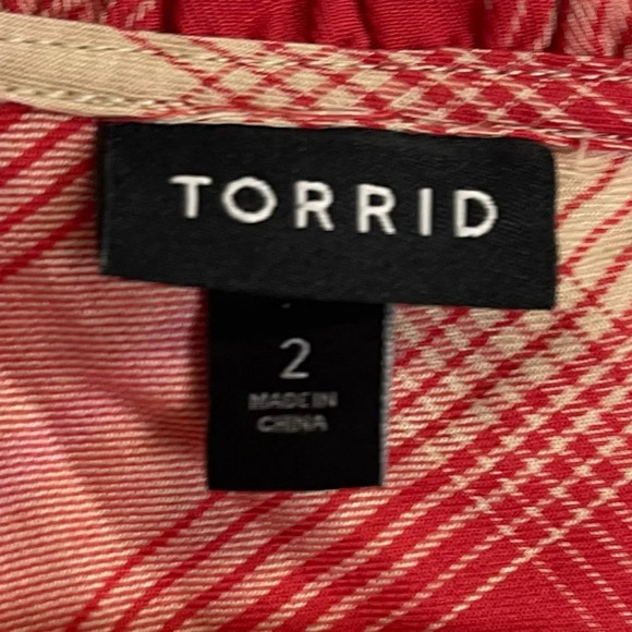 Torrid Ruffle Neck Blouse Womens Plus Size 2X 18 20 Red Pink Plaid Tunic Shirt - Picture 4 of 10